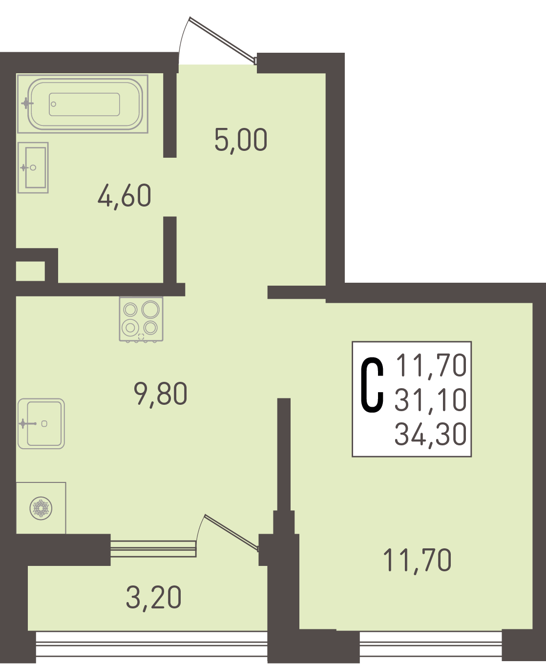 Планировка: Студия 34,3 м²