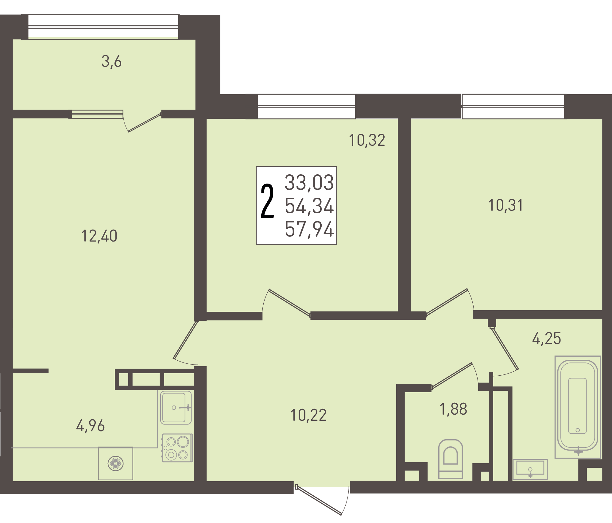 Планировка 2-комнатная 57,94 м²