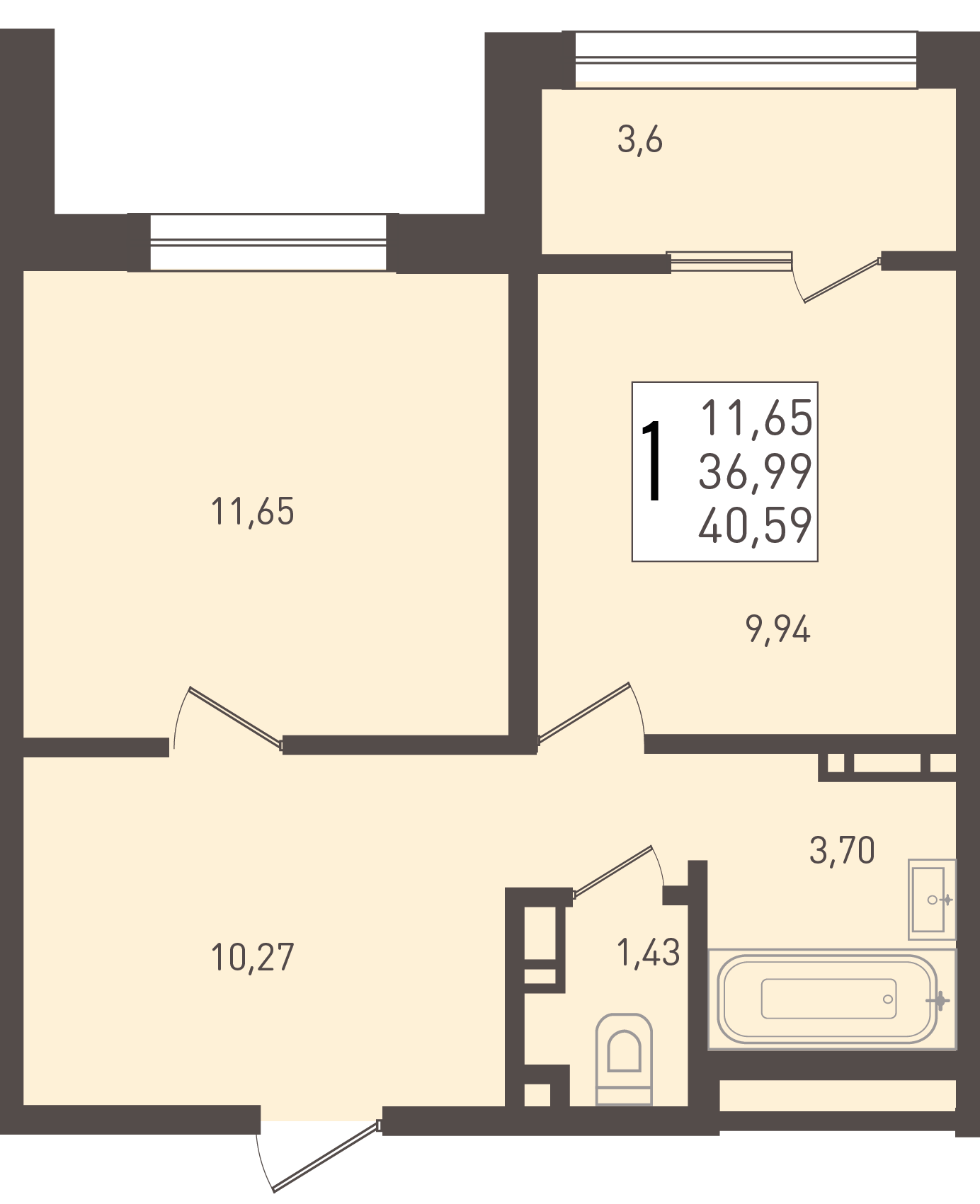 Планировка 1-комнатная 40,59 м²