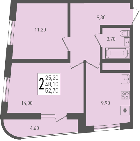 Планировка 2-комнатная 52,7 м²