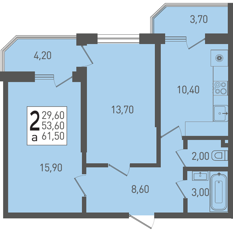 Планировка: 2-комн. квартира 61,5 м²