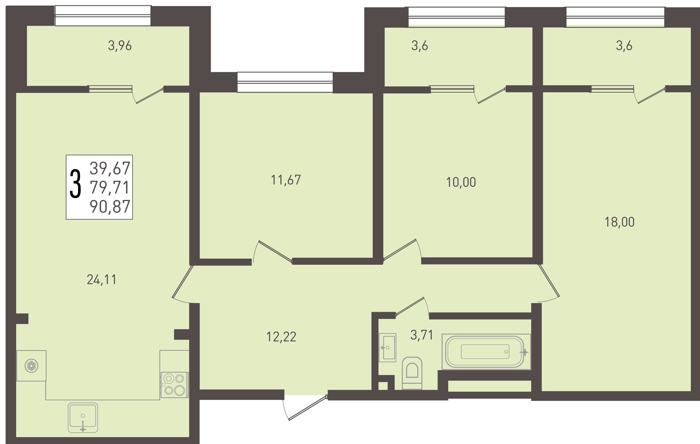 Планировка 3-комнатная 90,87 м²