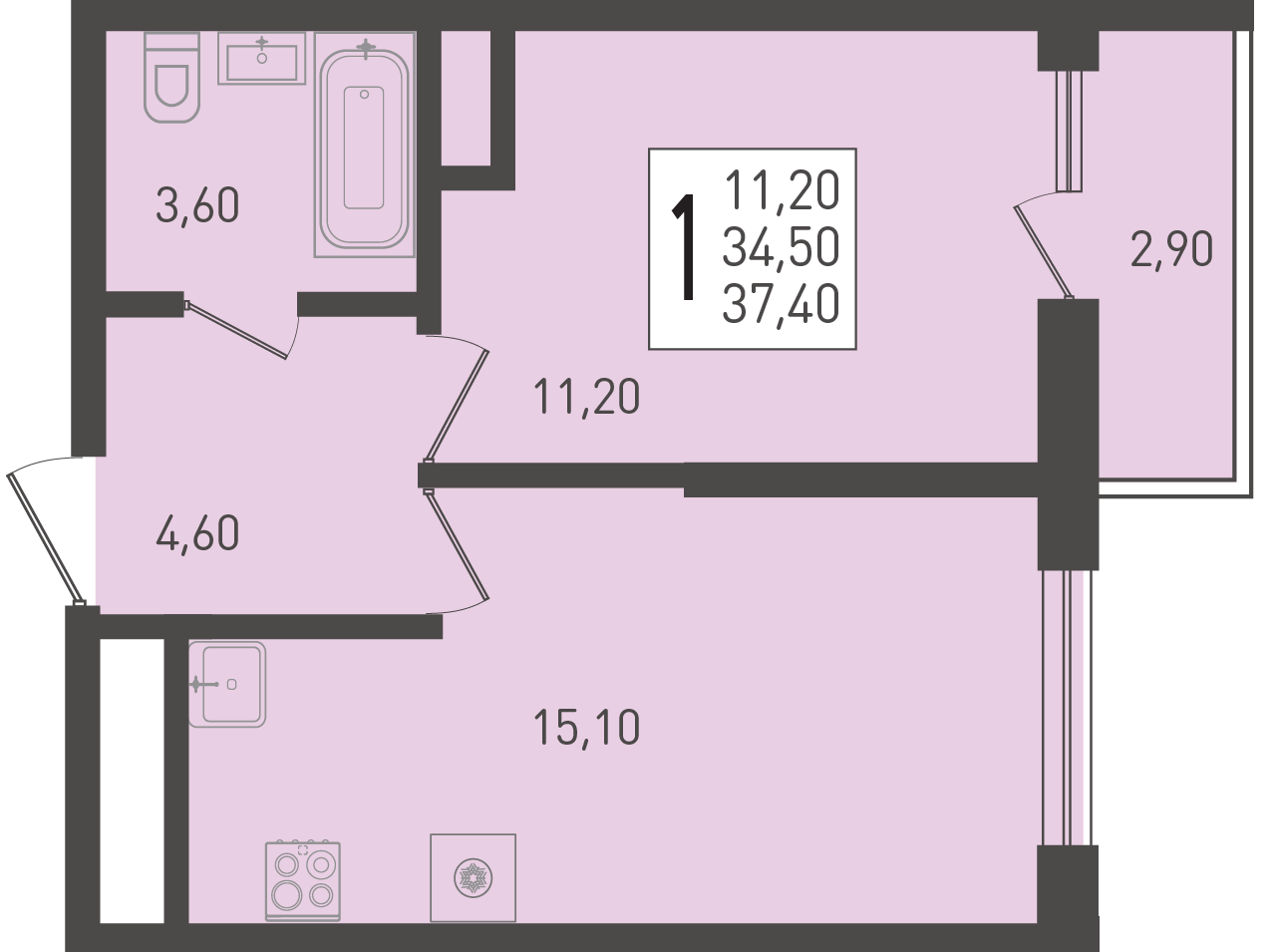 Планировка: 1-комн. квартира 37,4 м²