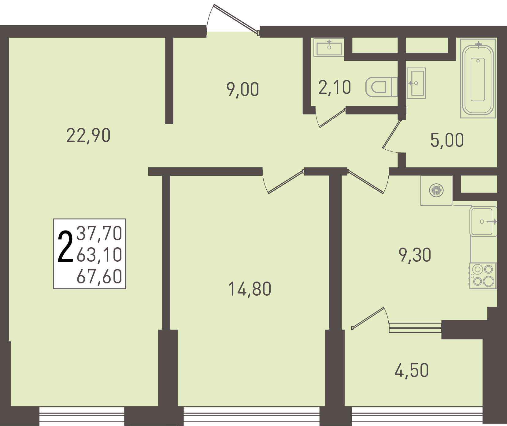 Планировка: 2-комн. квартира 67,6 м²