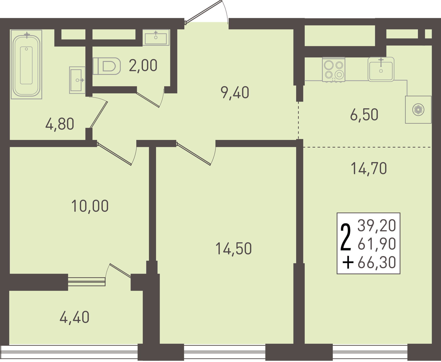 Планировка 2-комнатная 66,3 м²