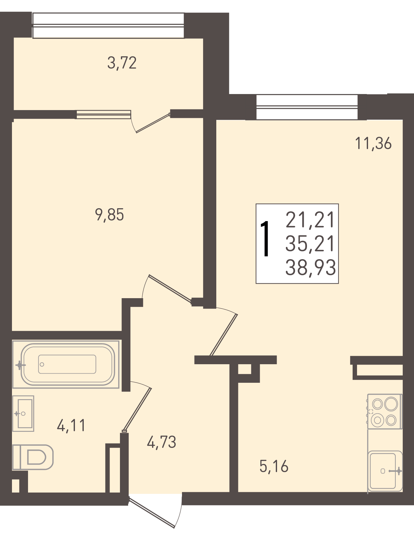 Планировка 1-комнатная 38,93 м²