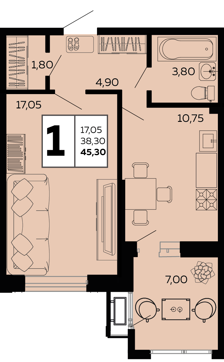 Планировка 1-комнатная 45,3 м²