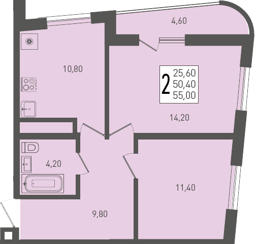 Планировка 2-комнатная 55 м²