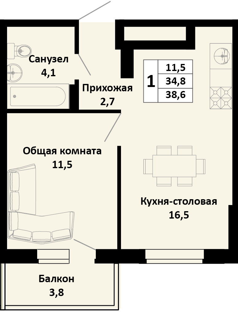 Планировка 1-комнатная 38,6 м²