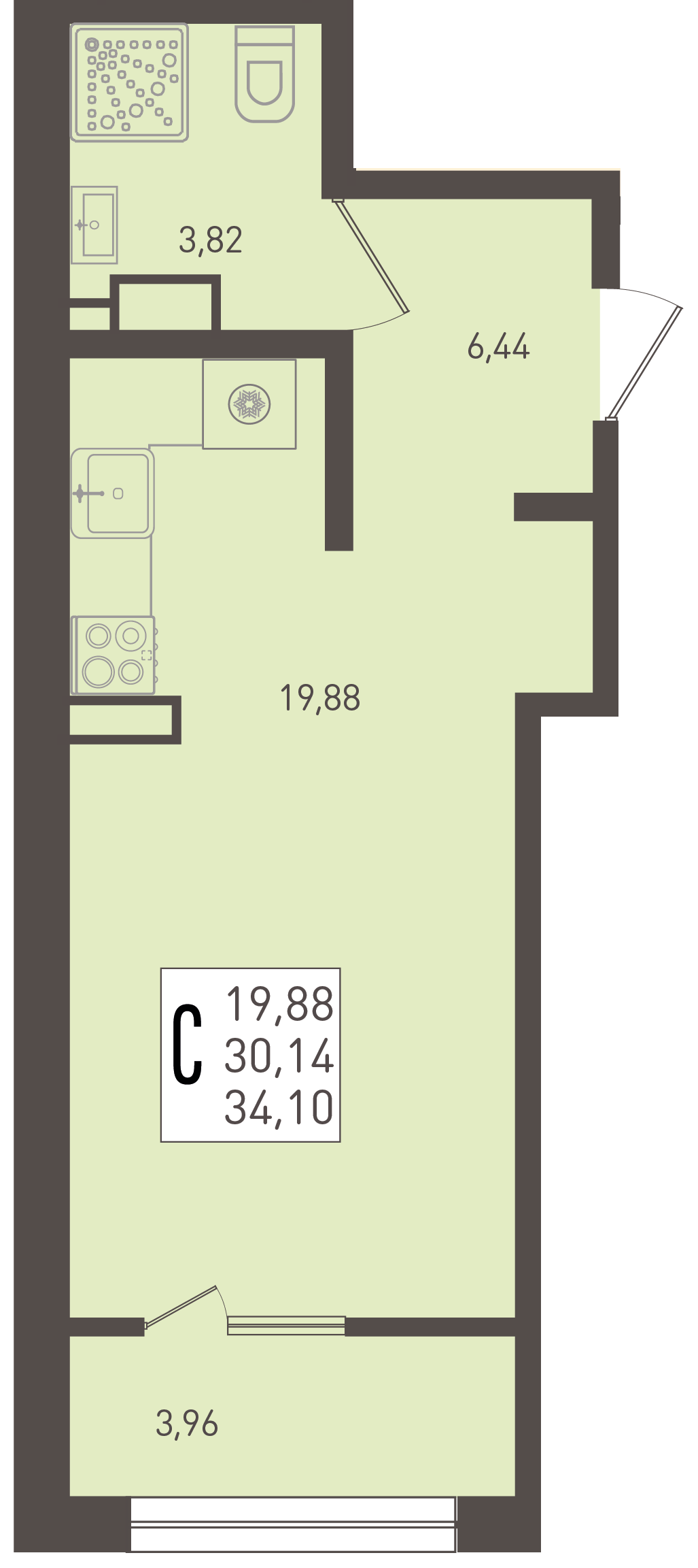 Планировка Студия 34,1 м²