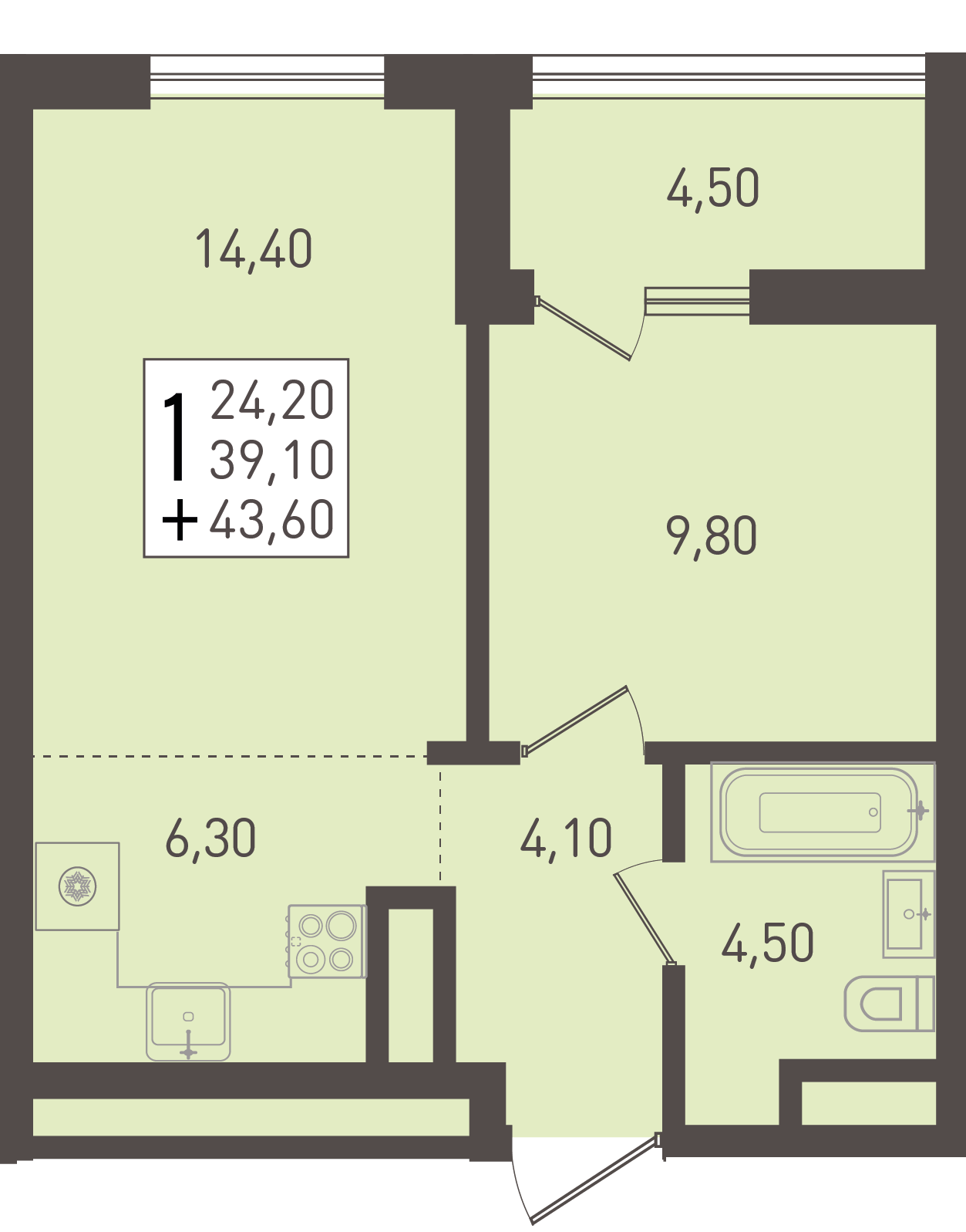 Планировка: 1-комн. квартира 43,6 м²