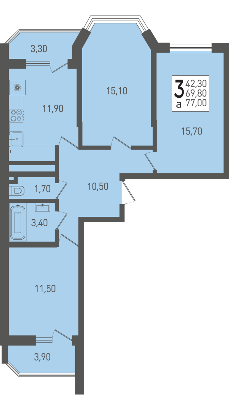 Планировка 3-комнатная 77 м²