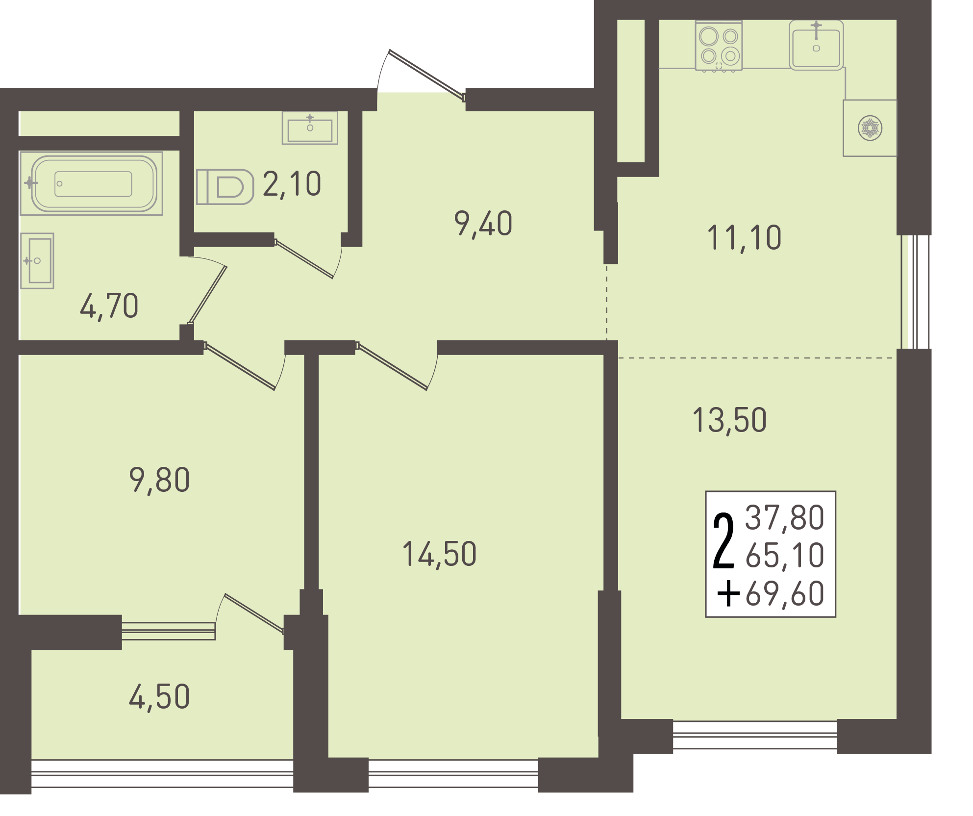 Планировка 2-комнатная 69,6 м²