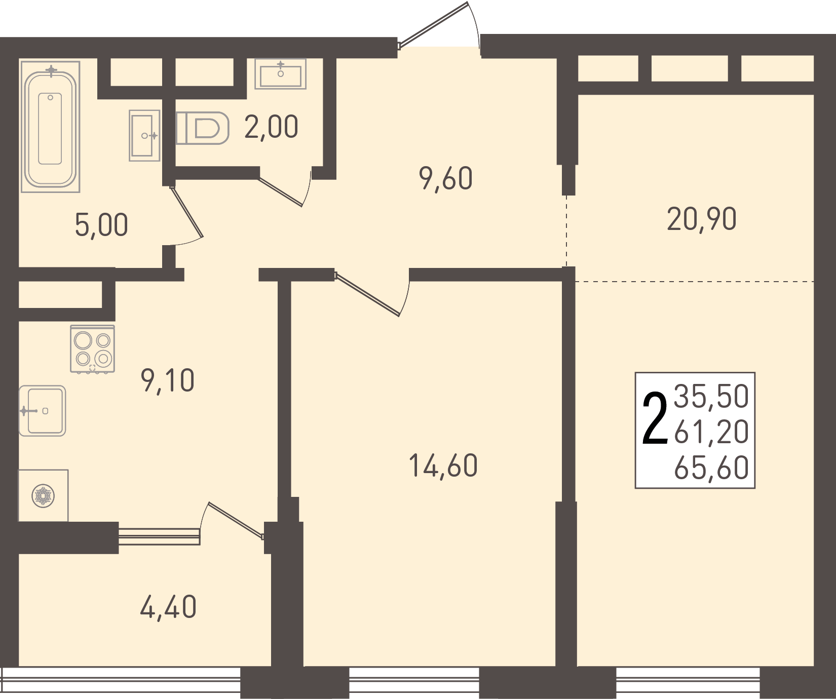 Планировка 2-комнатная 65,6 м²