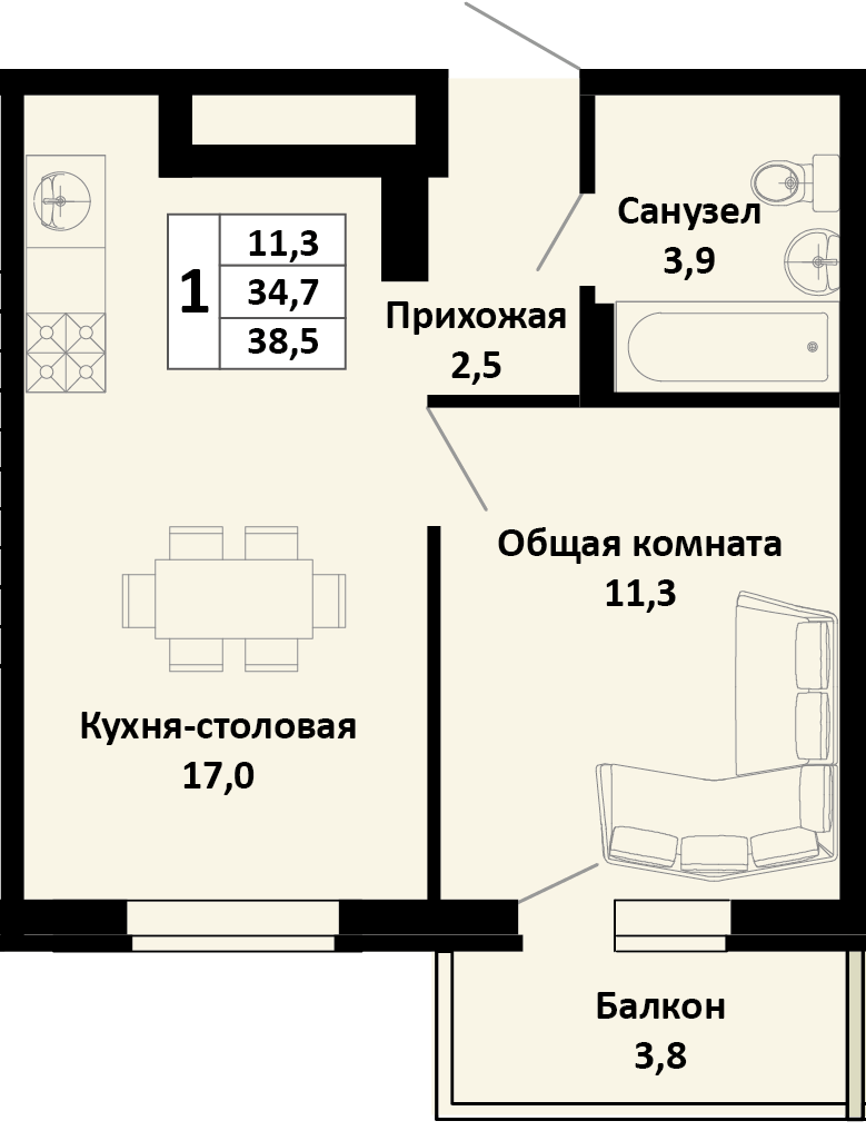 Планировка 1-комнатная 38,5 м²