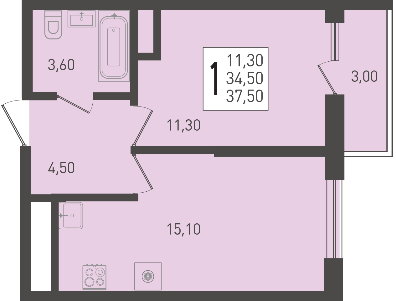 Планировка: 1-комн. квартира 37,5 м²