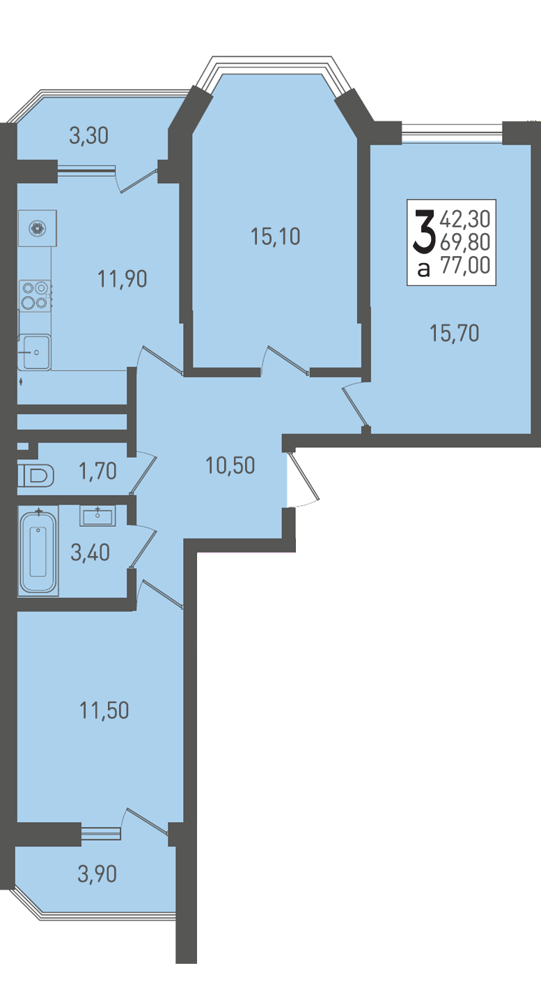 Планировка 3-комнатная 77 м²