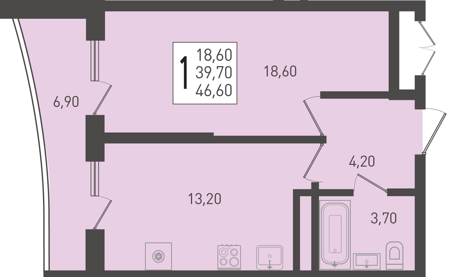 Планировка: 1-комн. квартира 46,6 м²