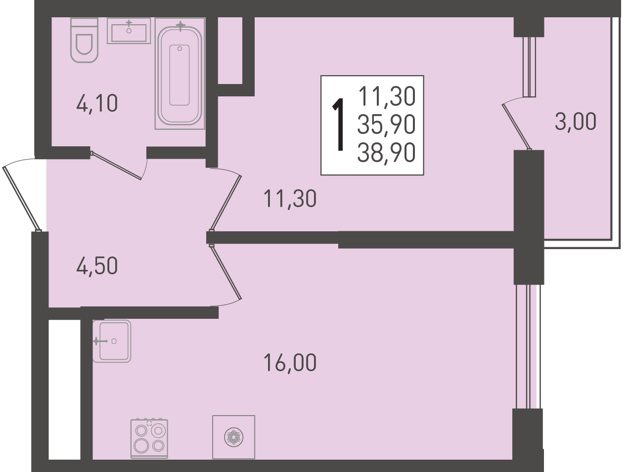 Планировка: 1-комн. квартира 38,9 м²