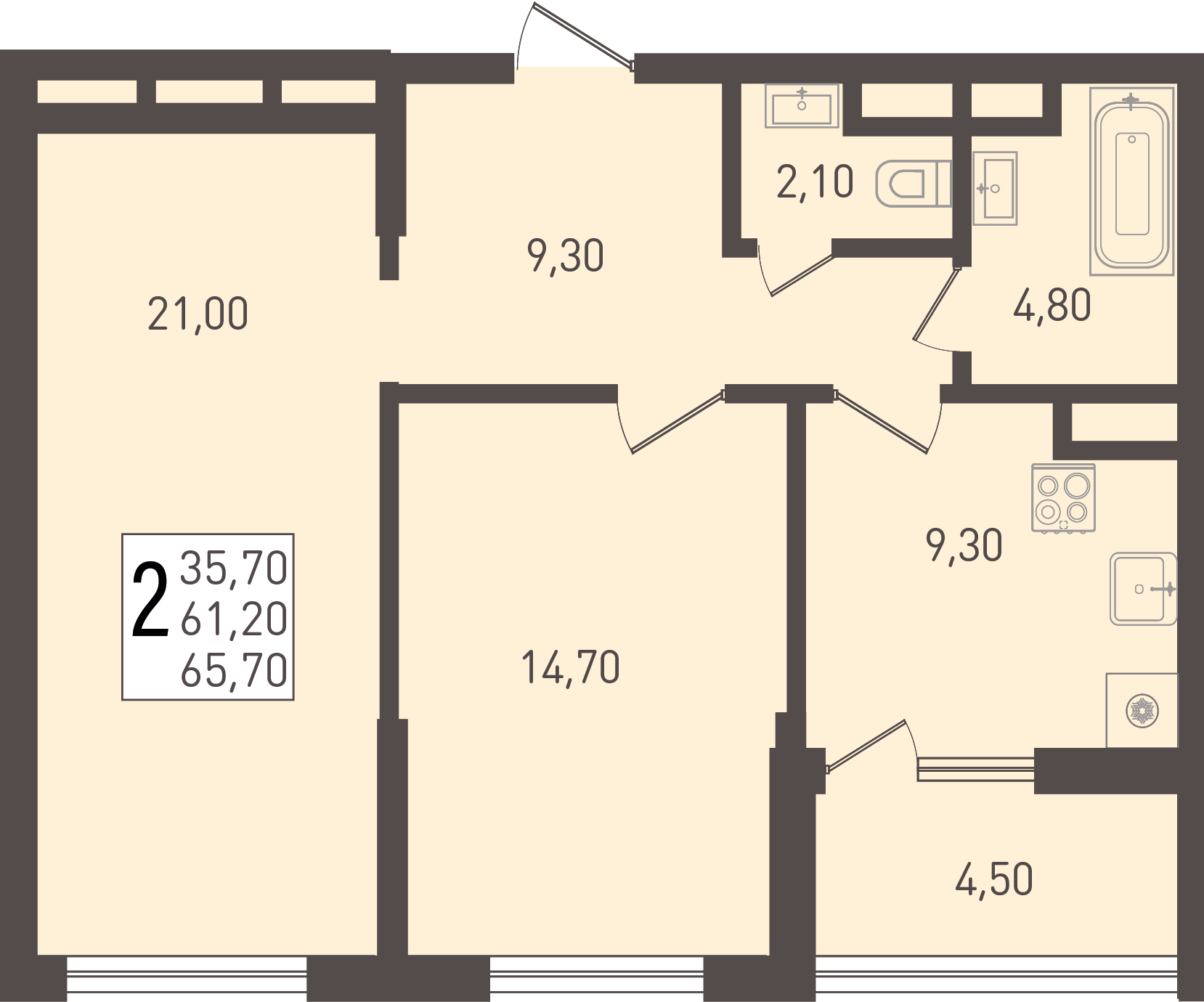 Планировка: 2-комн. квартира 65,7 м²