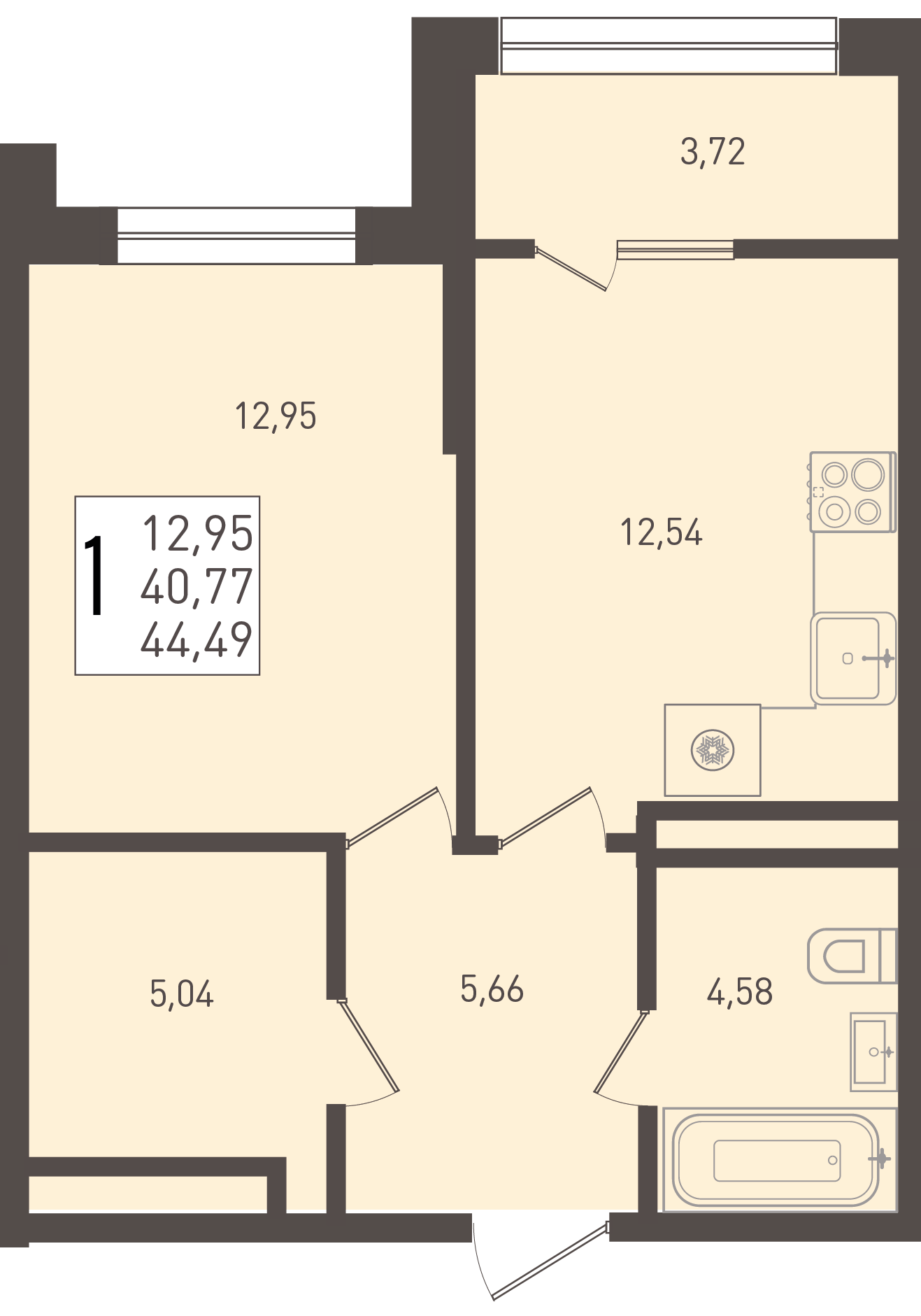 Планировка: 1-комн. квартира 44,5 м²
