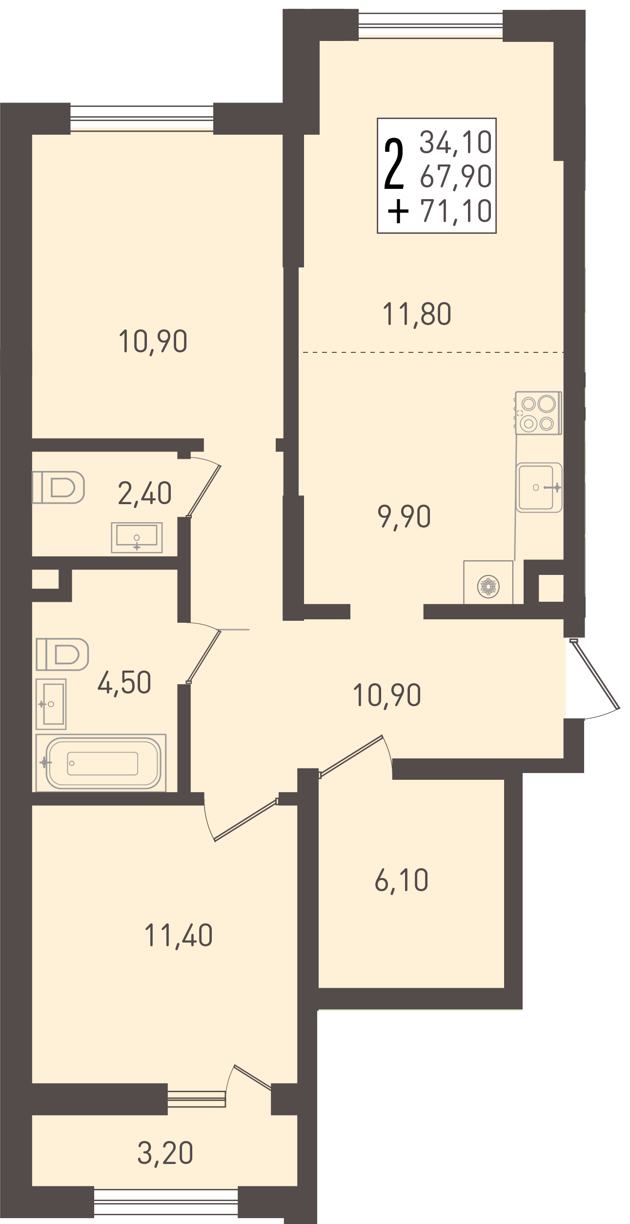 Планировка 2-комнатная 71,1 м²