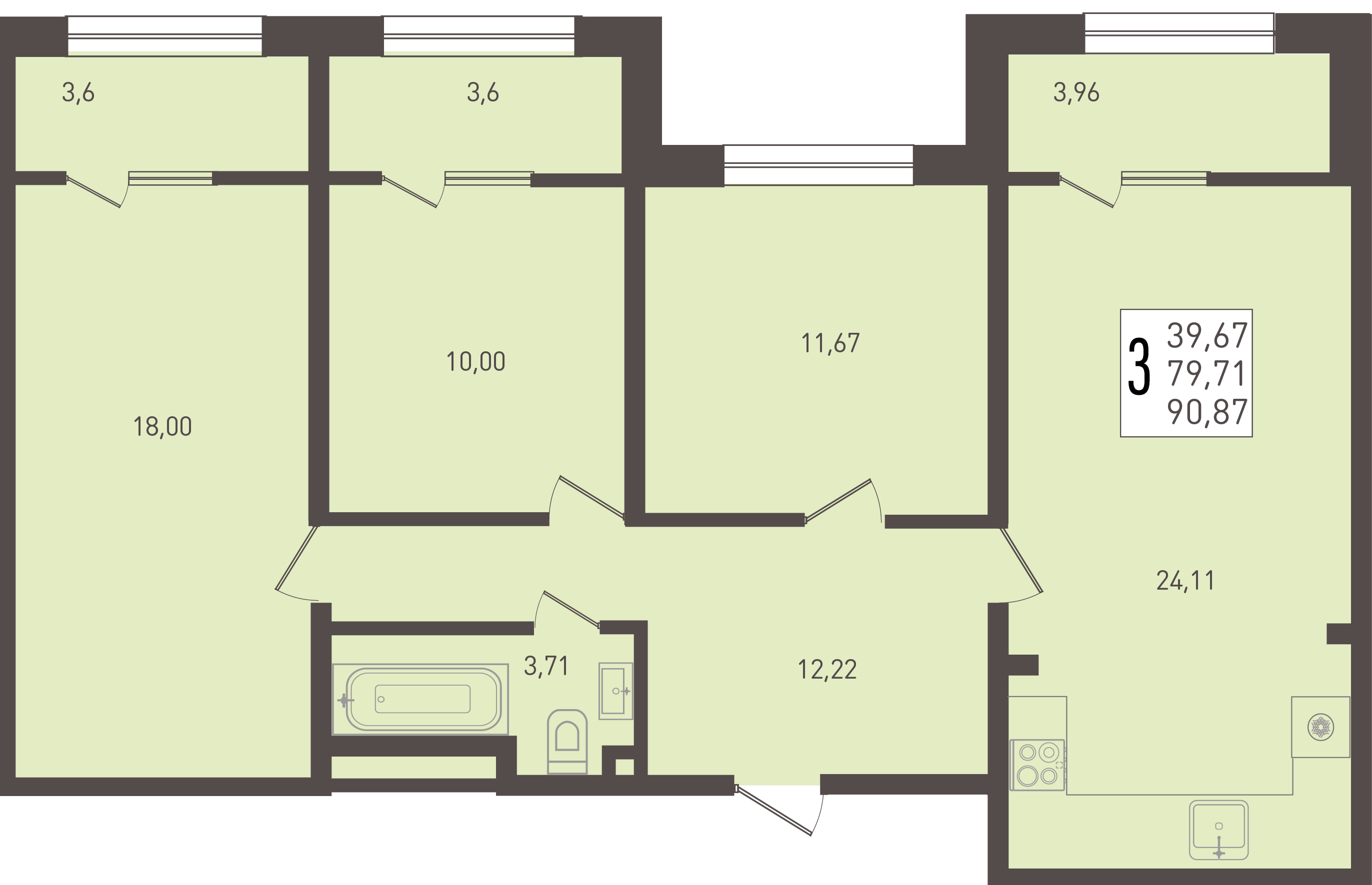 Планировка: 3-комн. квартира 90,9 м²