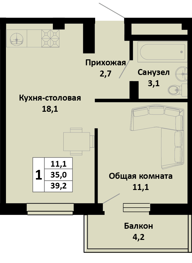 Планировка 1-комнатная 39,2 м²
