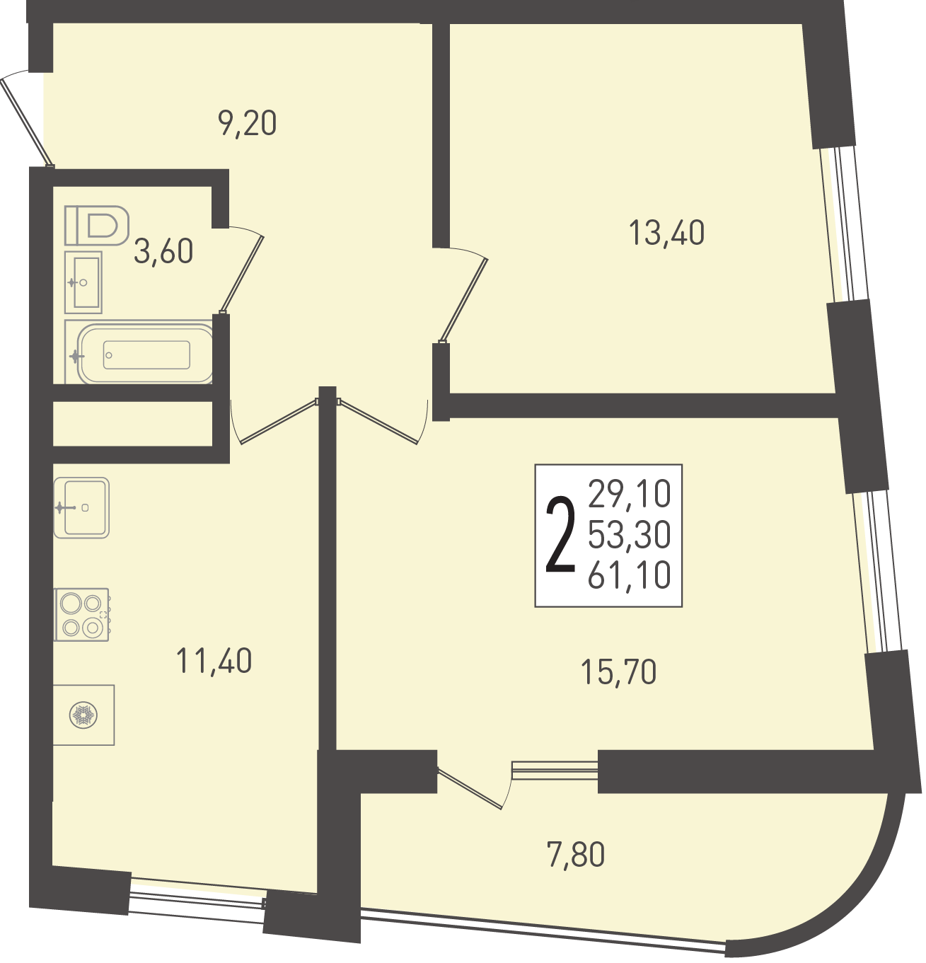Планировка: 2-комн. квартира 61,1 м²
