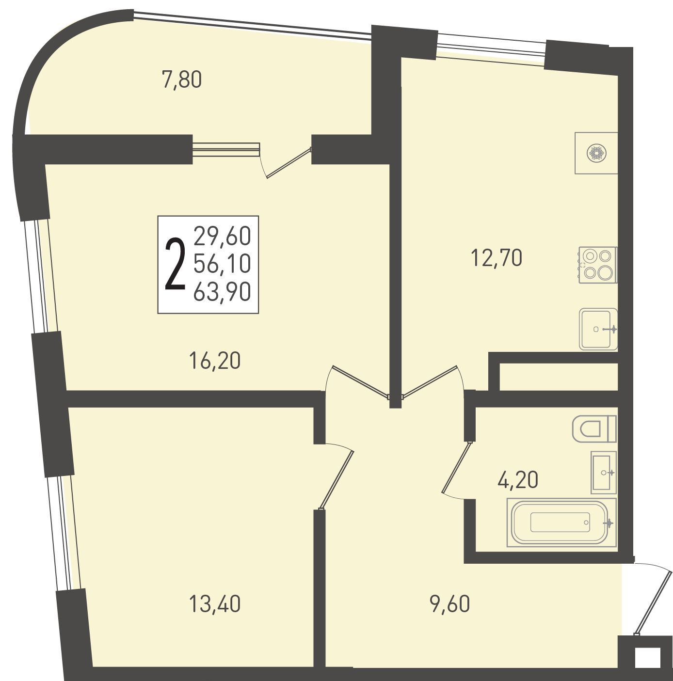 Планировка: 2-комн. квартира 63,9 м²