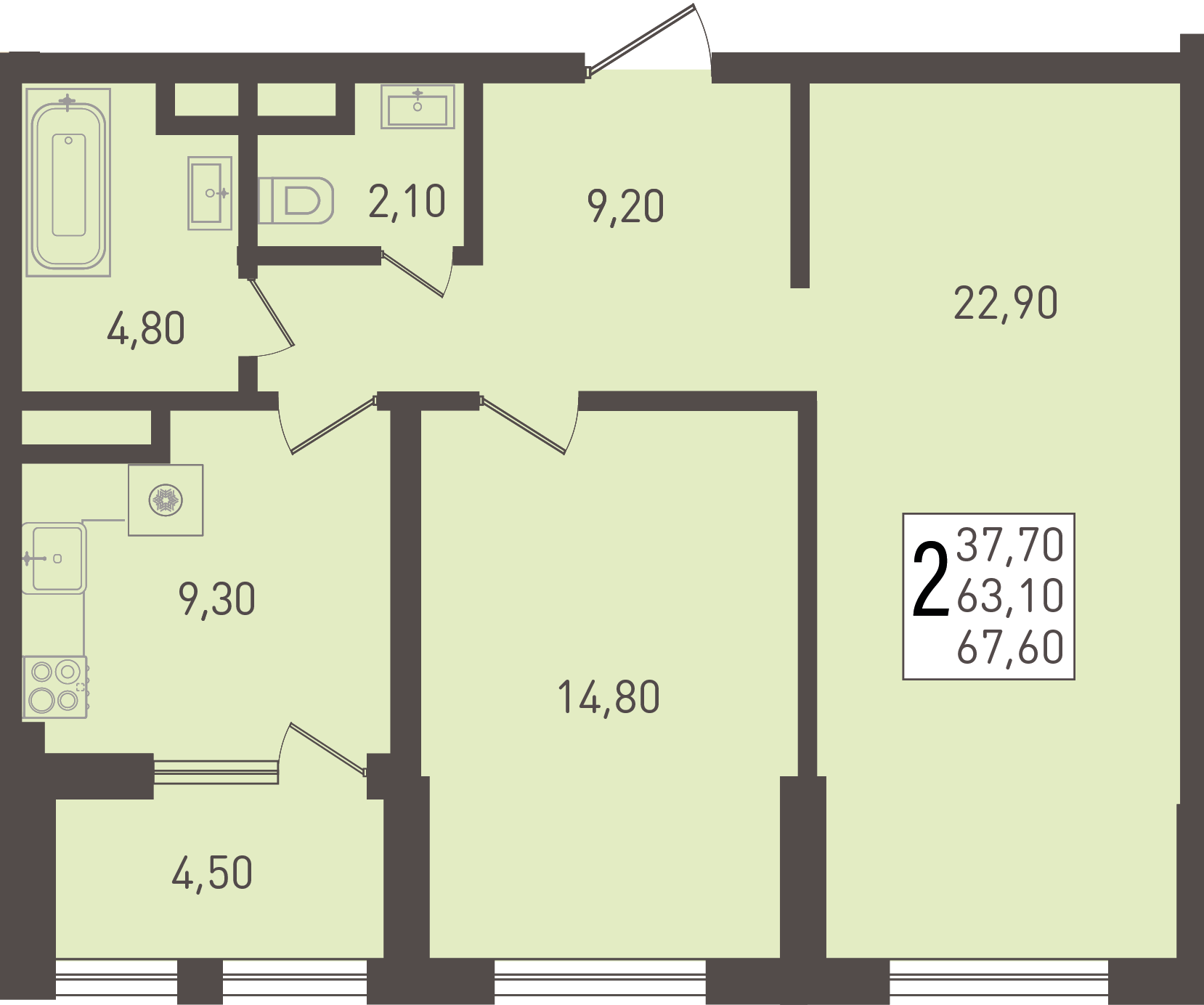 Планировка 2-комнатная 67,6 м²