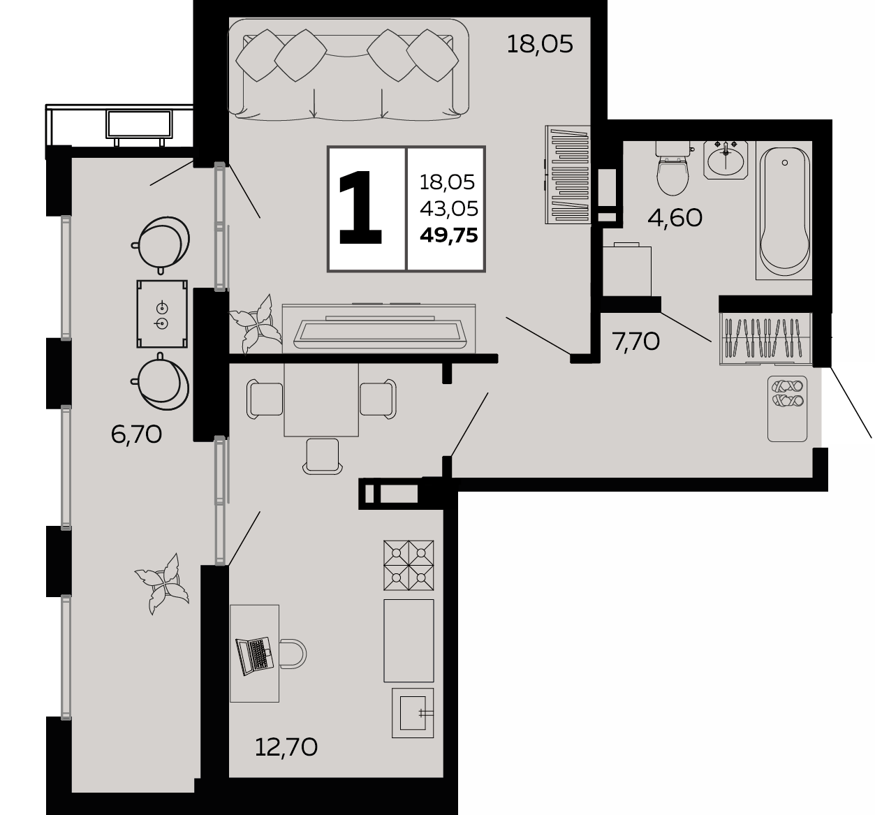 Планировка: 1-комн. квартира 49,8 м²