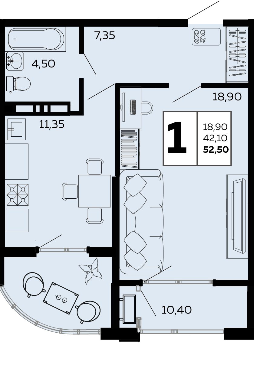Планировка 1-комнатная 52,5 м²