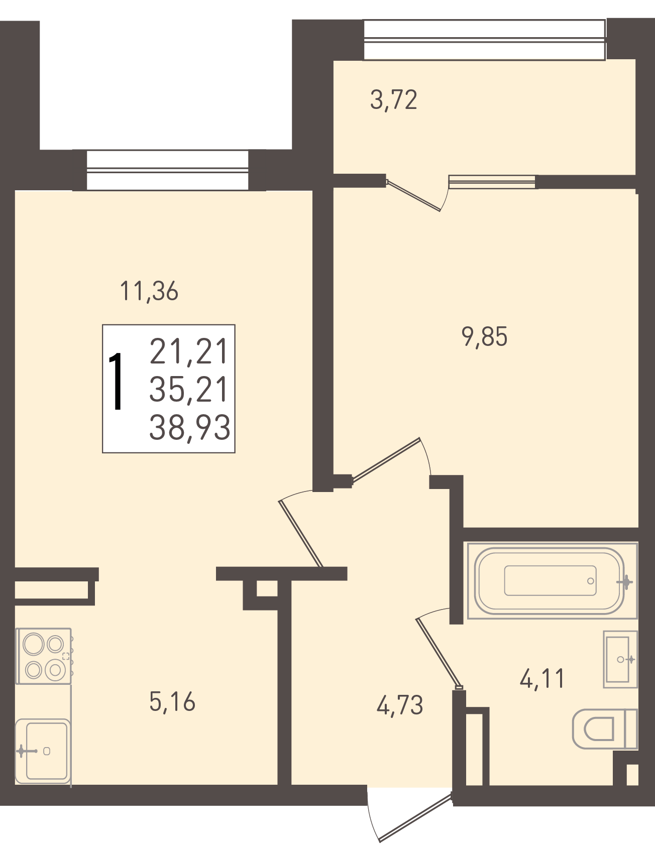 Планировка 1-комнатная 38,93 м²