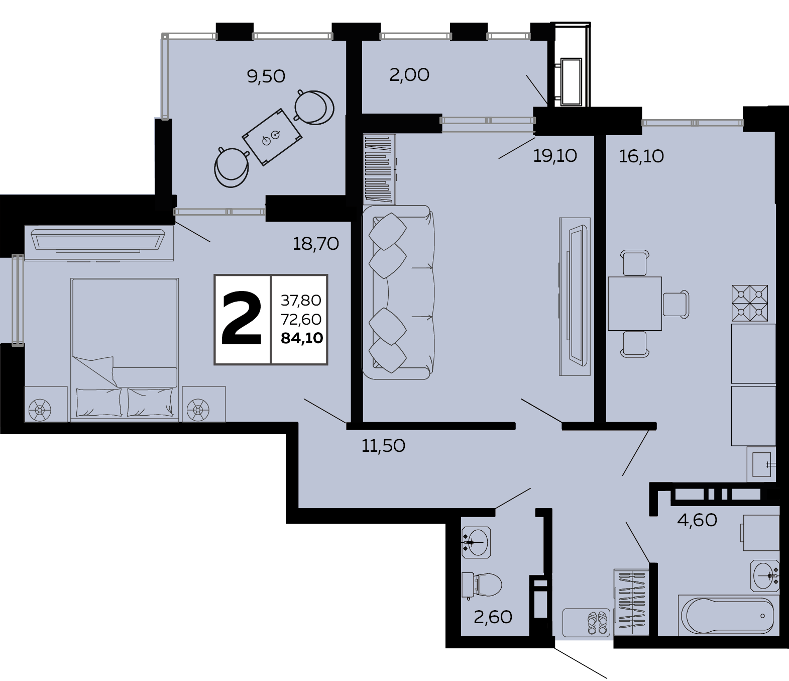 Планировка: 2-комн. квартира 84,1 м²