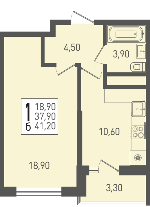 Планировка 1-комнатная 41,2 м²