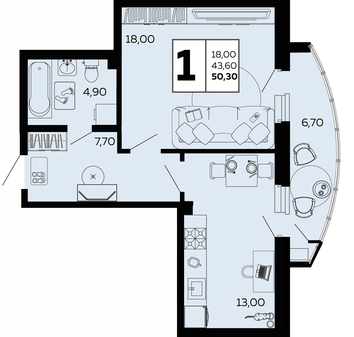 Планировка 1-комнатная 50,3 м²