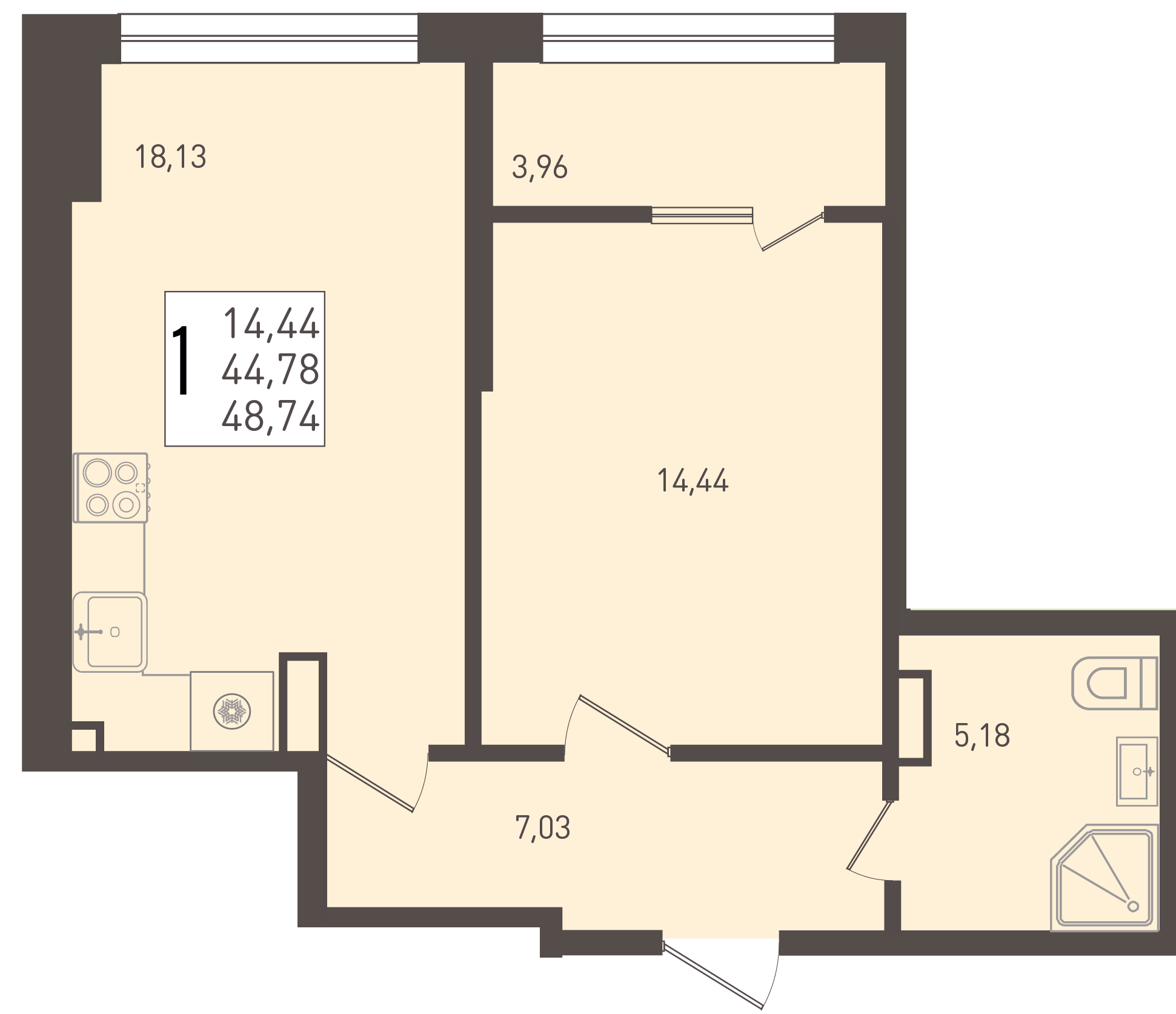 Планировка 1-комнатная 48,74 м²