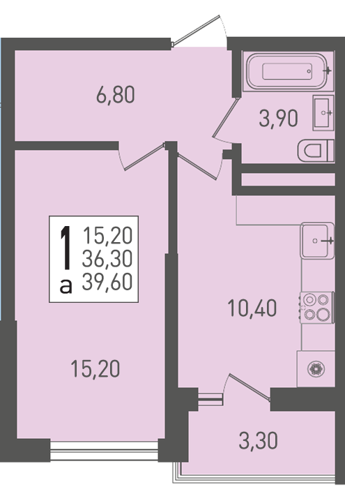 Планировка 1-комнатная 39,6 м²