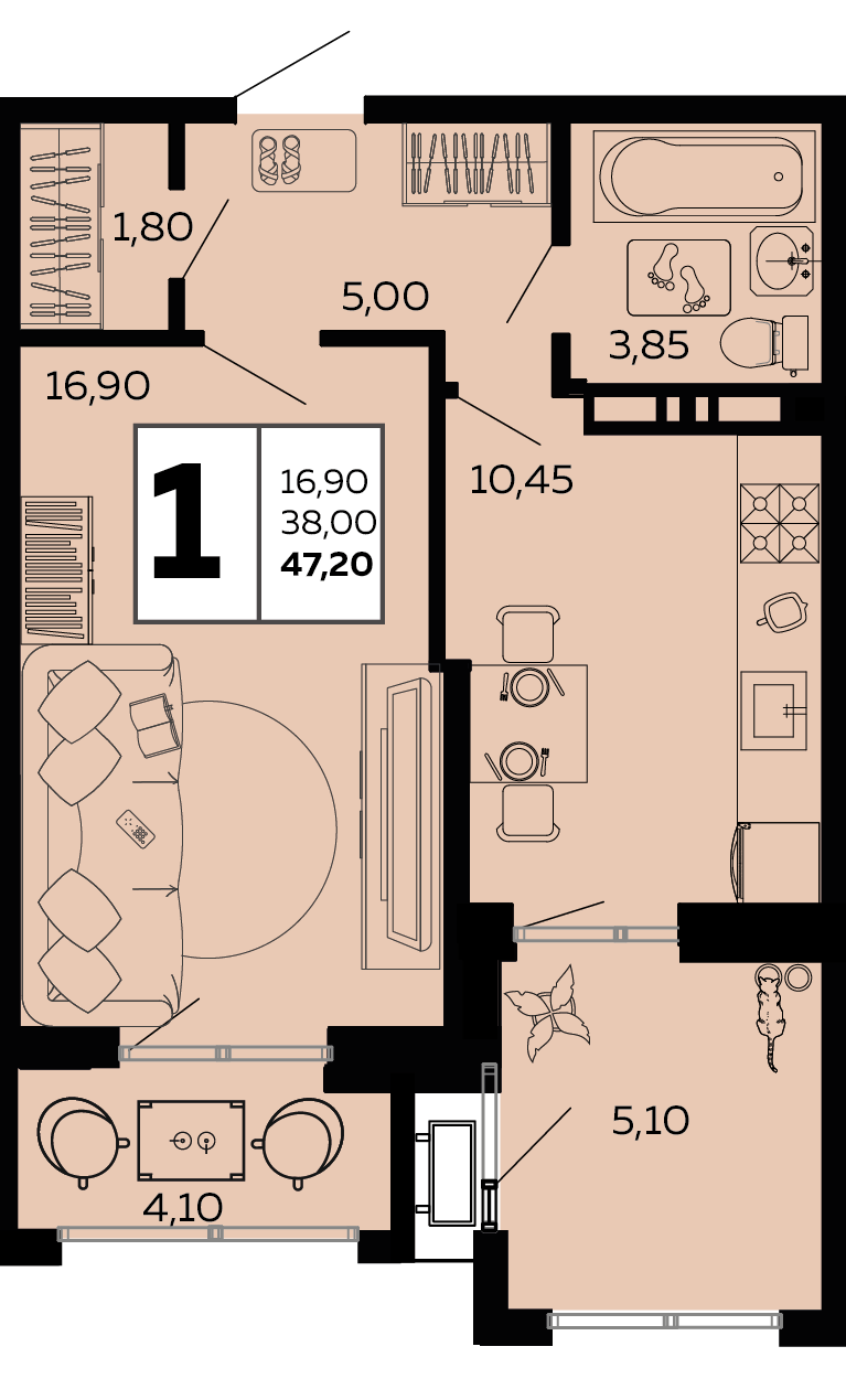 Планировка: 1-комн. квартира 47,2 м²