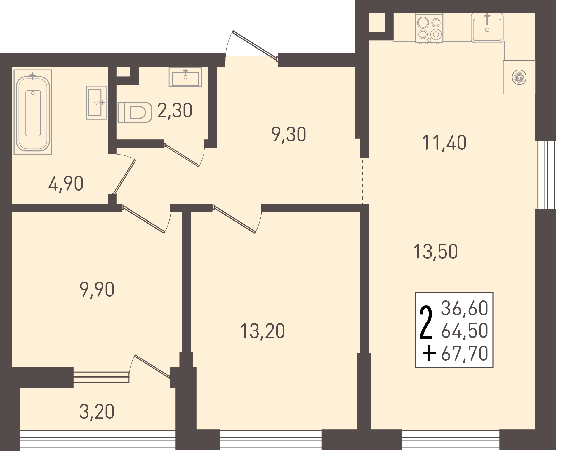 Планировка 2-комнатная 67,7 м²