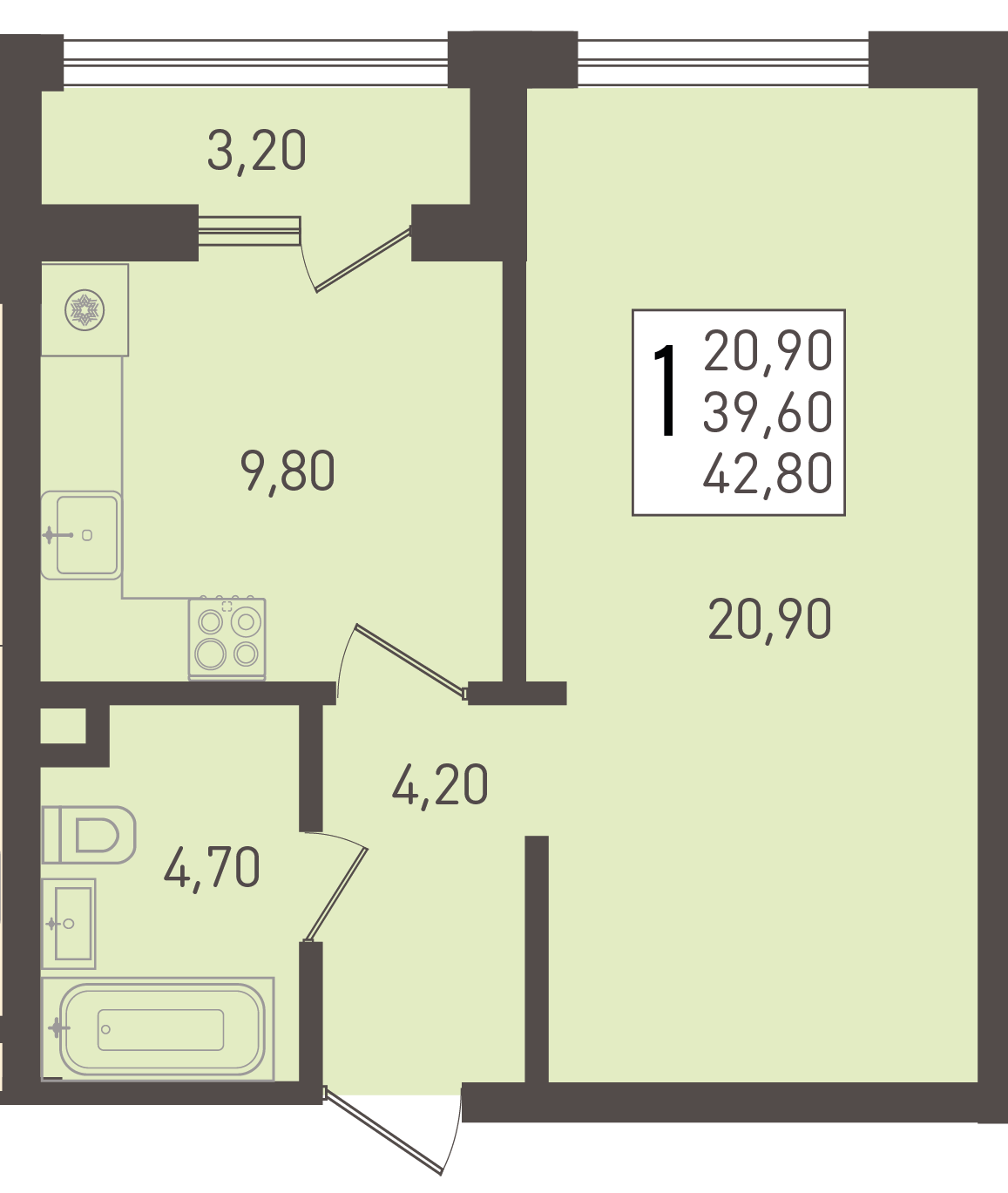 Планировка: 1-комн. квартира 42,8 м²