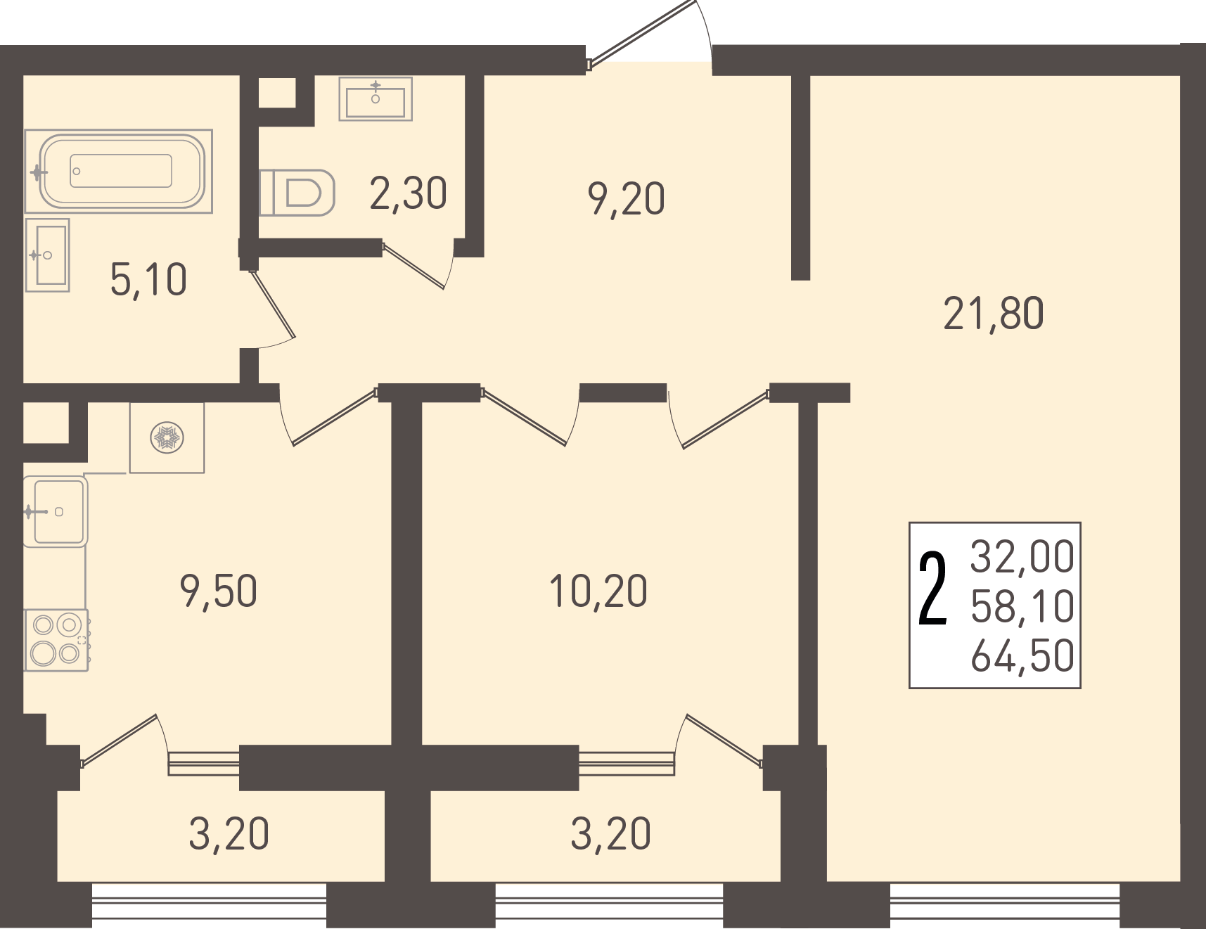 Планировка 2-комнатная 64,5 м²