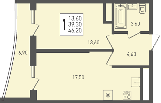 Планировка: 1-комн. квартира 46,2 м²