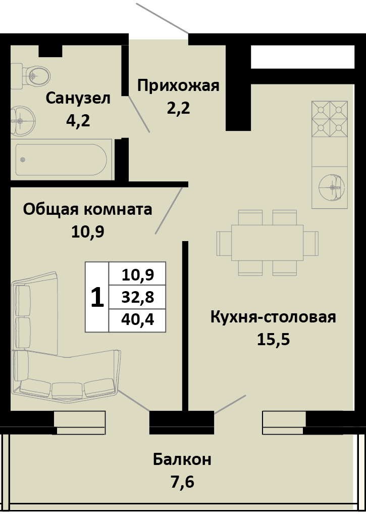 Планировка 1-комнатная 40,4 м²