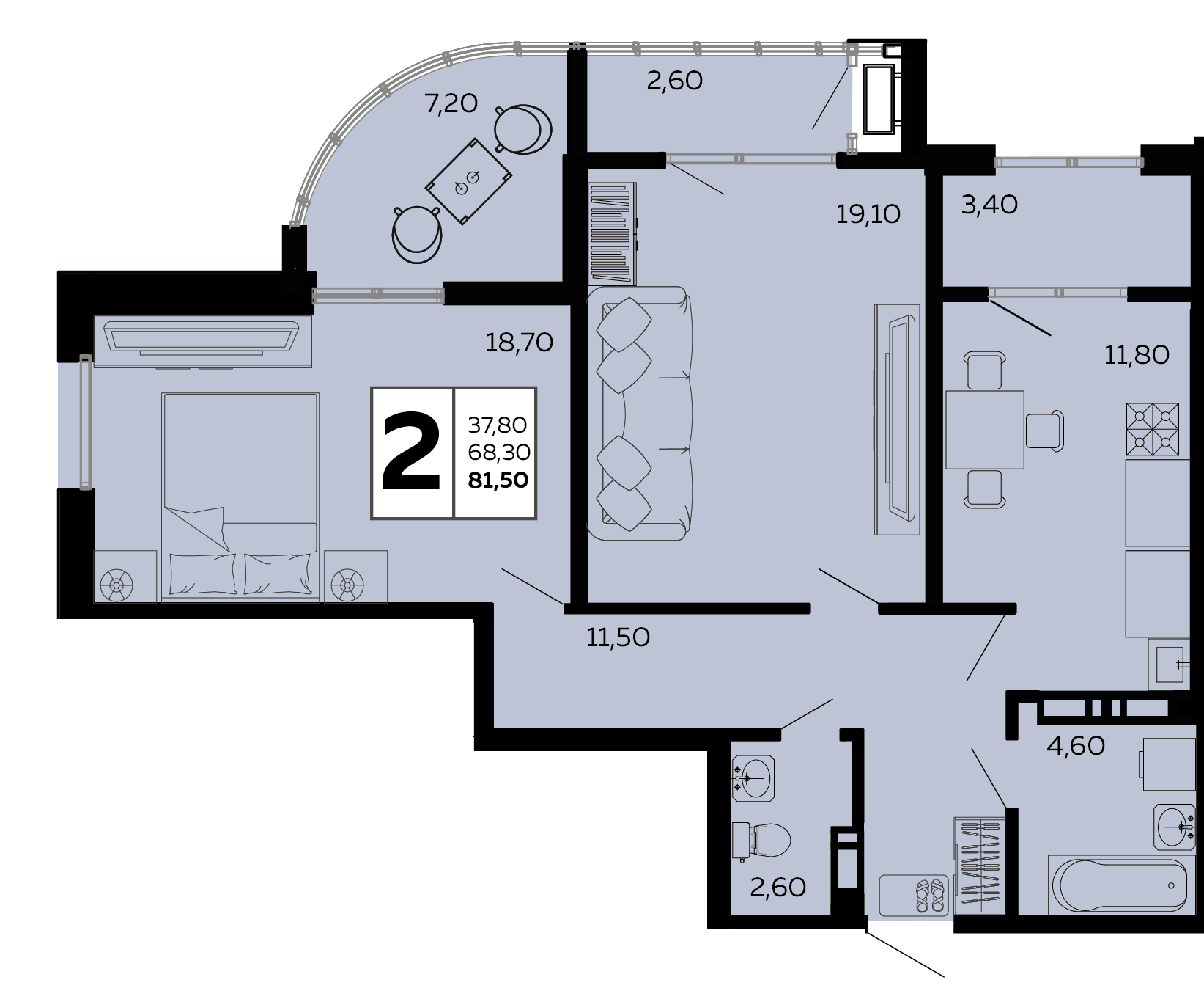 Планировка 2-комнатная 81,5 м²
