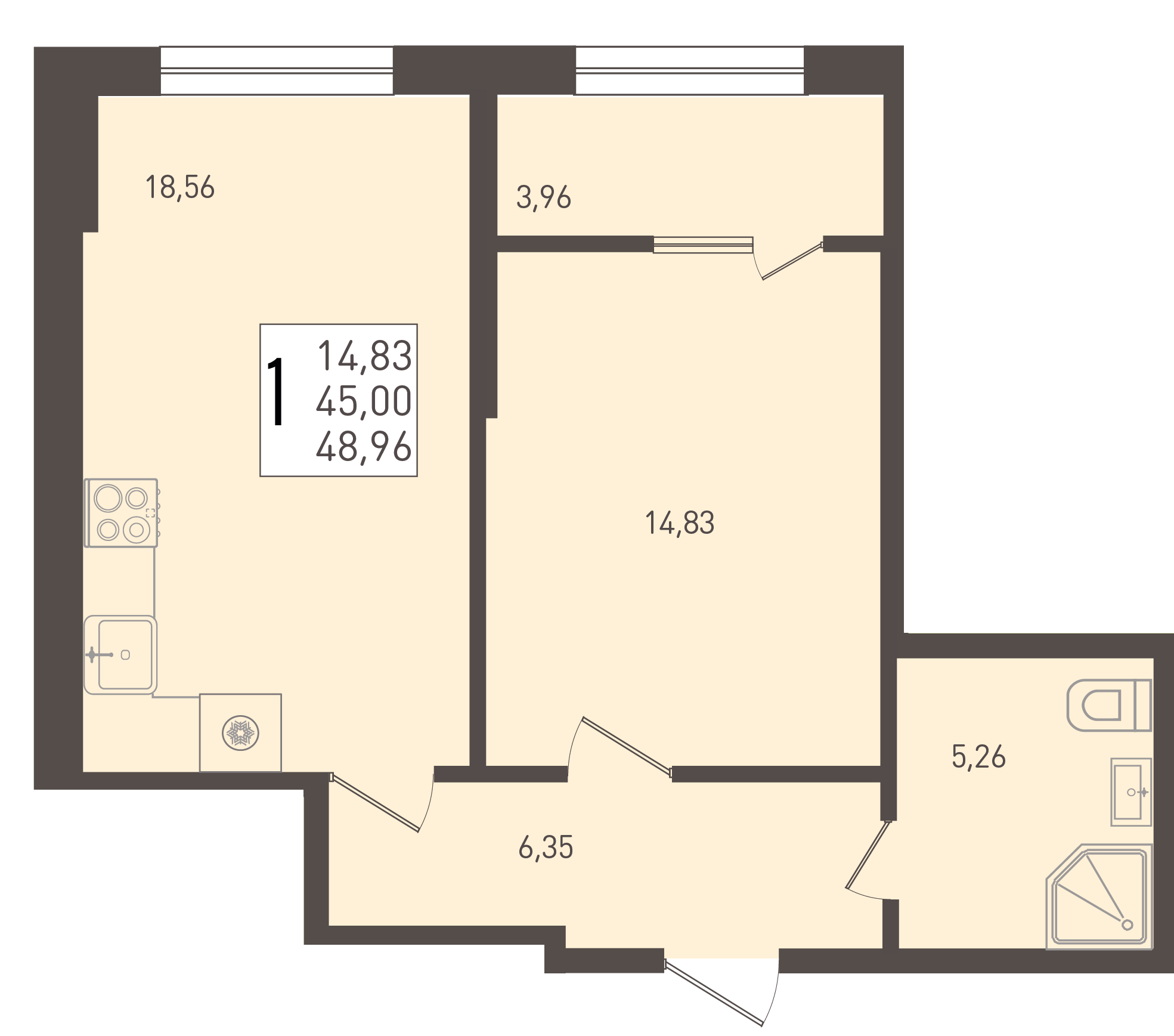 Планировка 1-комнатная 48,96 м²