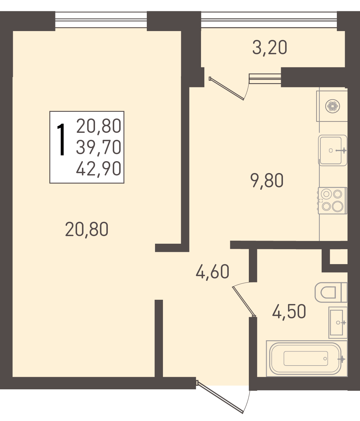 Планировка 1-комнатная 42,9 м²