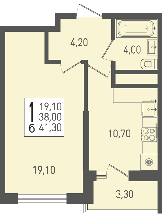 Планировка: 1-комн. квартира 41,3 м²