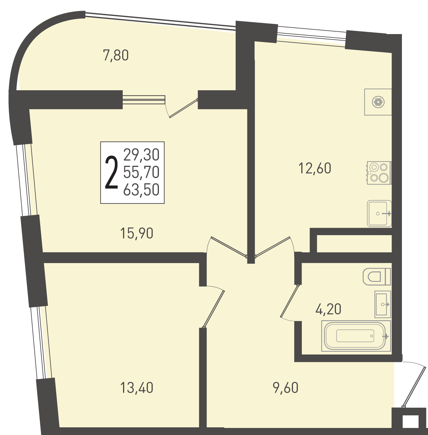 Планировка: 2-комн. квартира 63,5 м²